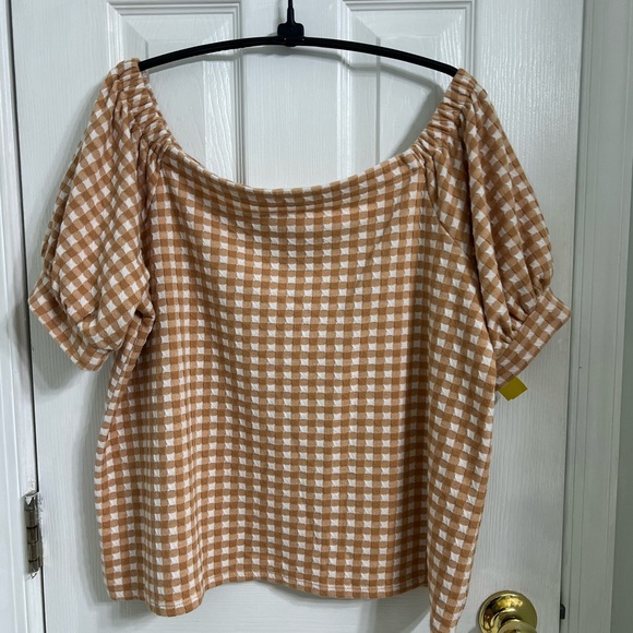 Loft - off shoulder - mustard/gold gingham check top. Size Large NWT - Picture 2 of 7